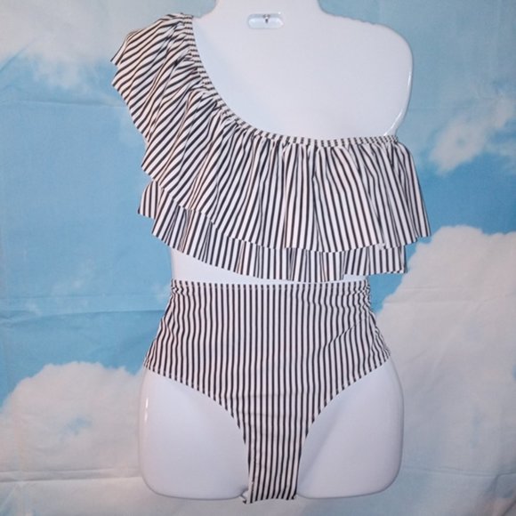 Women’s 2-piece One-shoulder Doubled Ruffled Black & White pinstripe bikini NEW - Picture 3 of 7